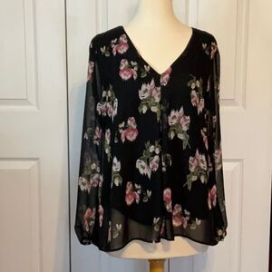 Daniel Rainn Black‎ Floral Long Sleeve Blouse V Neck Medium